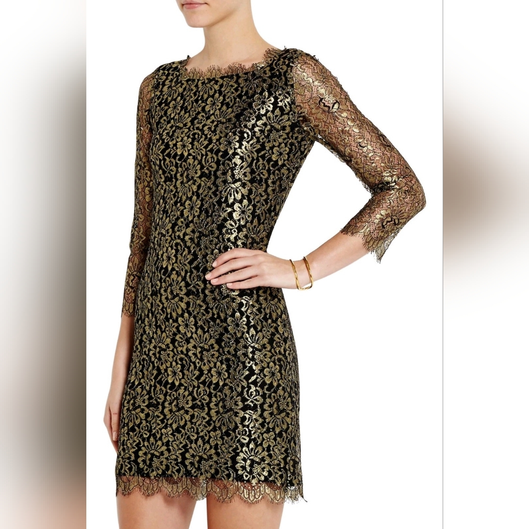 Nwt Diane Von Furstenberg Zarita In Gold Black Lace Zip V-Back Dress 0 $468